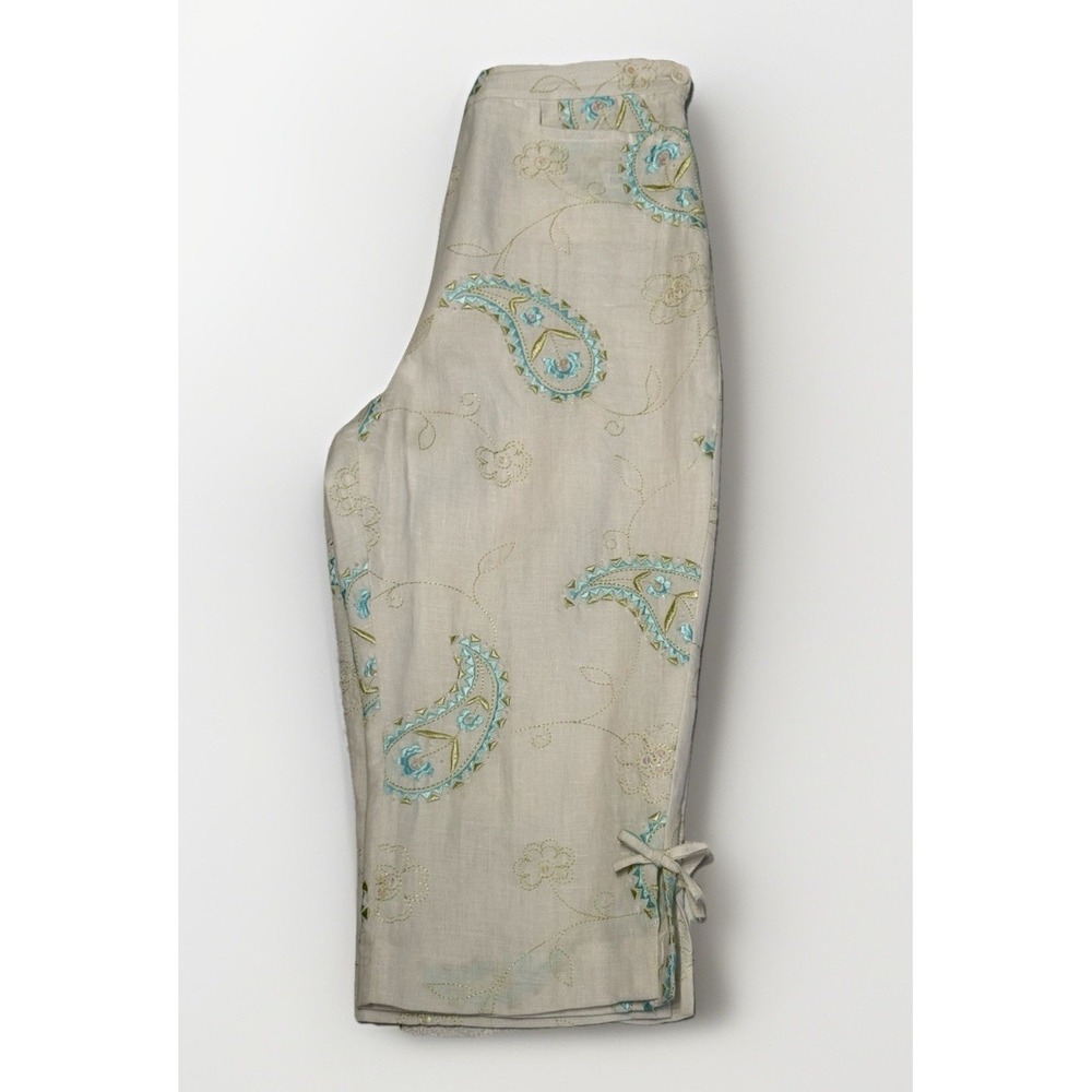 Grace Elements Linen Paisley Embroidered Crop Pants Cream Blue Petite 6P Bows